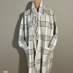 Lysse windowpane plaid Open Front Cardigan with Fringe